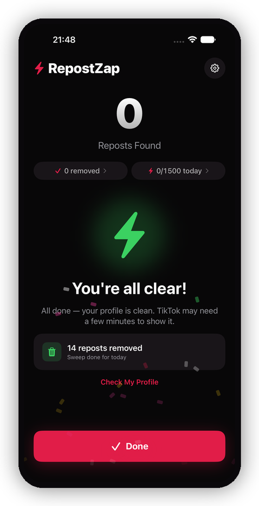 A TikTok profile with the Reposts tab cleared to zero in RepostZap