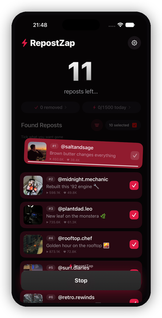 RepostZap clearing TikTok reposts in one pass with a live countdown