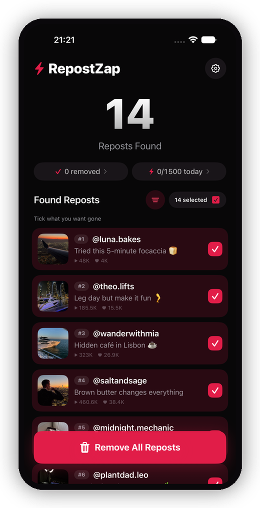 Every repost on a TikTok profile, gathered in one list by RepostZap